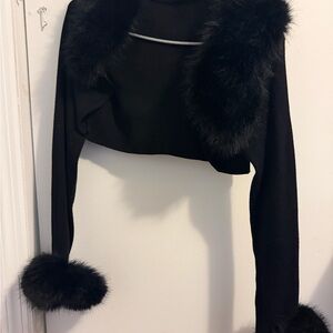 Elegant Black Faux Fur Trimmed Bolero